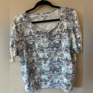 Coral Bay White Tropical Print Short Sleeve Tee with Mint Accents